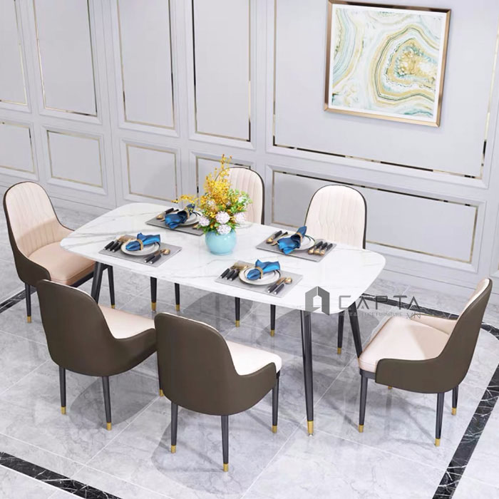 1m4 và 6 ghế có nệm: Bộ bàn ăn gỗ 1m4 và 6 ghế có nệm với kiểu dáng hiện đại và đẳng cấp. Gỗ tự nhiên kết hợp với chất liệu nệm êm ái mang lại sự thoải mái cho bữa ăn của gia đình. Với thiết kế thời thượng, đây sẽ là sự lựa chọn tốt nhất cho không gian phòng ăn của bạn.