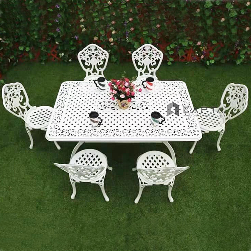 Bộ bàn ăn sân vườn chữ nhật 6 ghế màu trắng