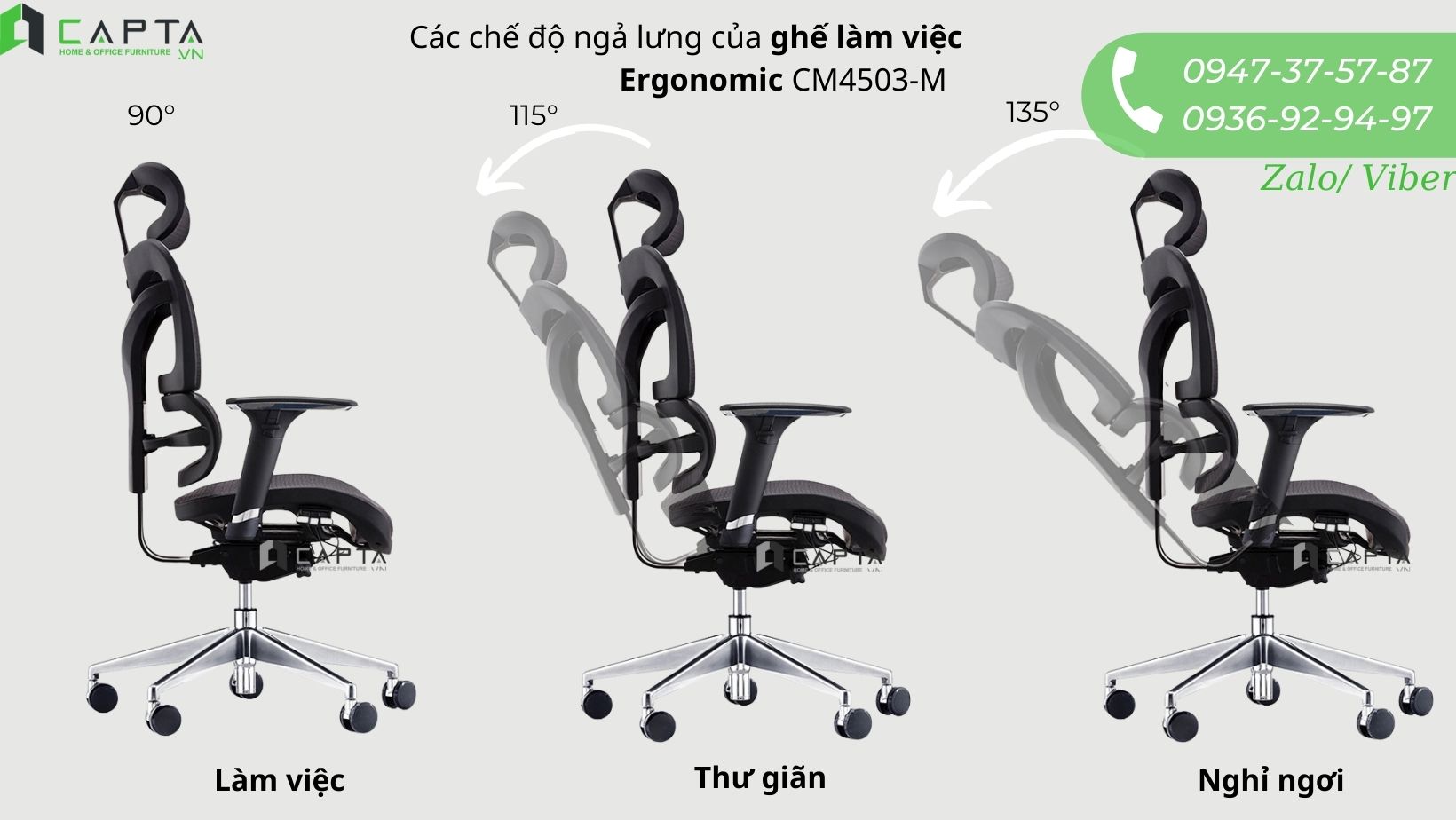Ghế công thái học ergonomic CM4503-M có các chế độ ngả lưng linh hoạt