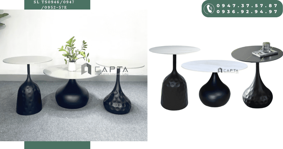 Bộ 3 bàn trà sofa tròn đá phiến chân đen SL TS0946/0947/0952-57E