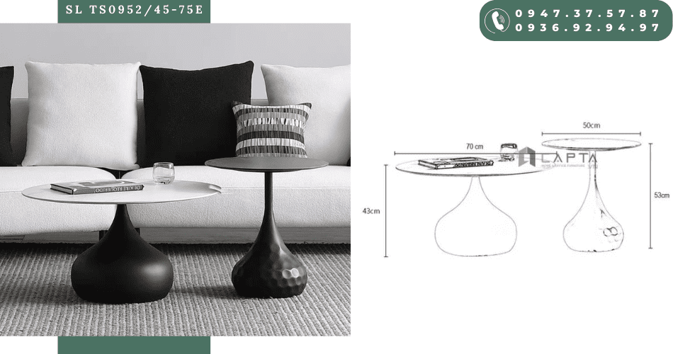Bộ bàn trà sofa đôi mặt đá phiến tròn chân bầu nhập khẩu SL TS0952/45-75E