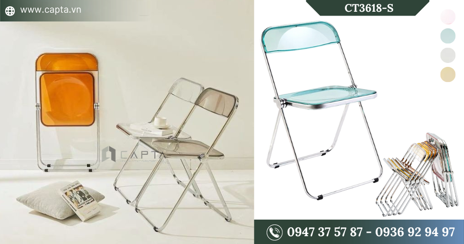 Ghế thư viện nhựa trong suốt xếp gọn hiện đại CT3618-S