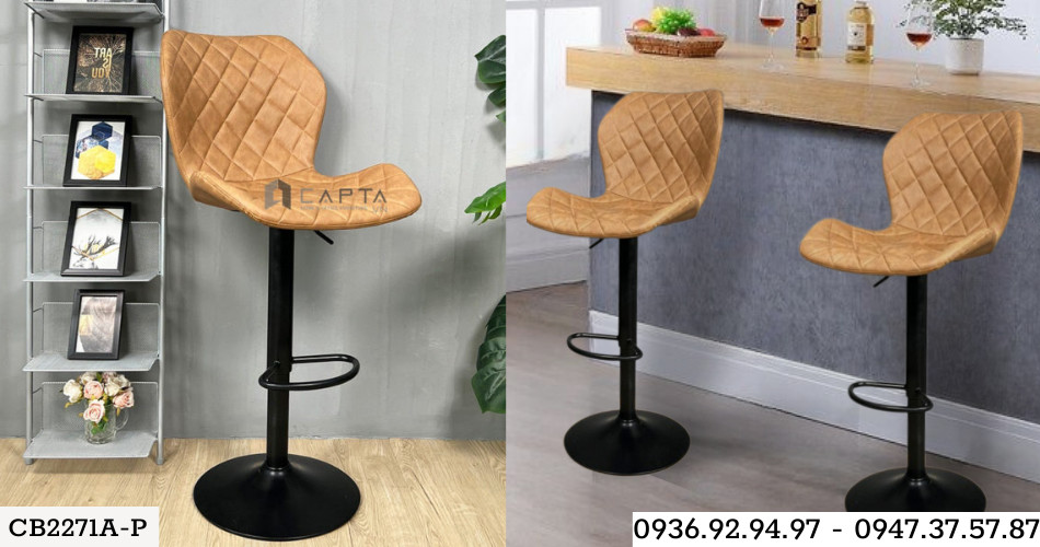 Ghế quầy bar đảo bếp lưng cao đệm nâu bò chân đen CB2271A-P