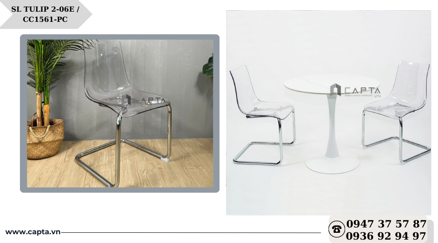 Bộ bàn cafe tiếp khách 2 ghế chân quỳ thân nhựa trong SL TULIP 2-06E / CC1561-PC