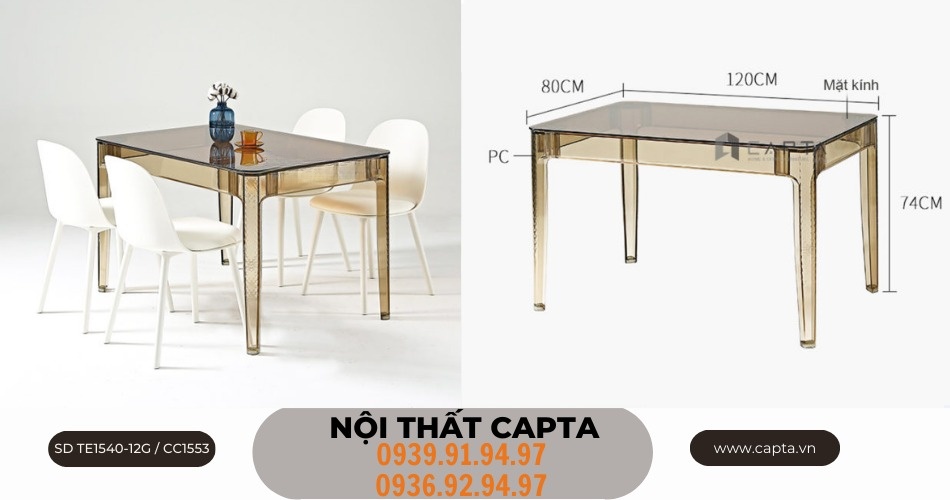 Bộ bàn ăn hiện đại giá rẻ mặt kính 4 ghế nhựa có nệm ngồi SD TE1540-12G / CC1553