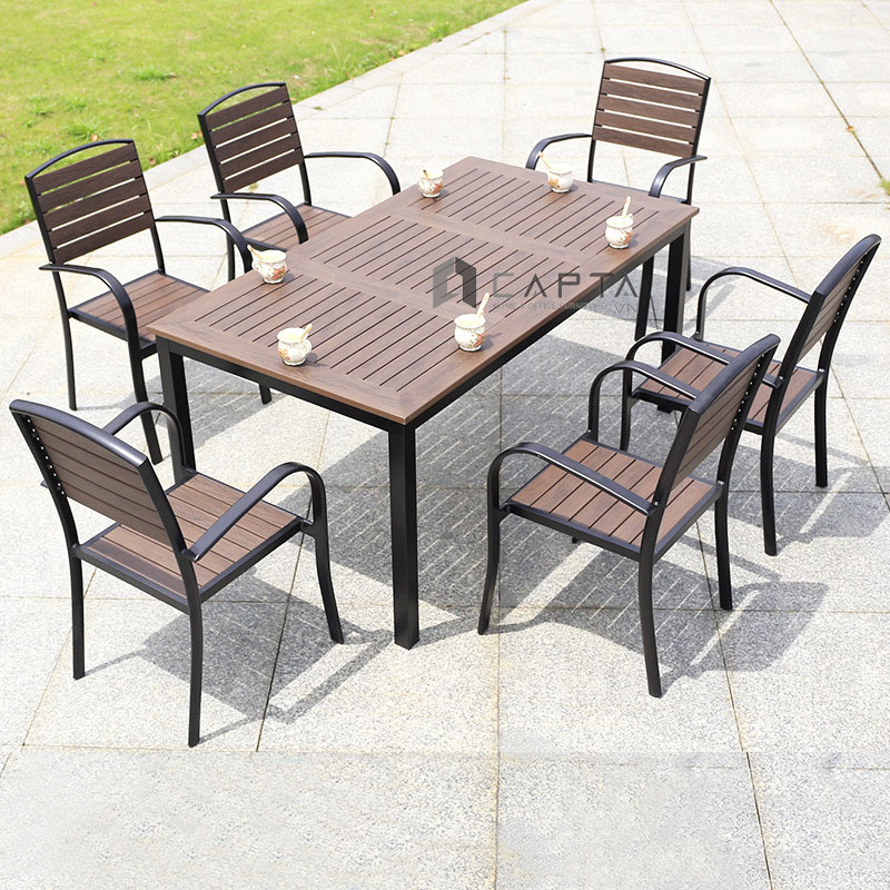 Bộ bàn ăn outdoor gỗ nhựa polywood 6 ghế màu nâu