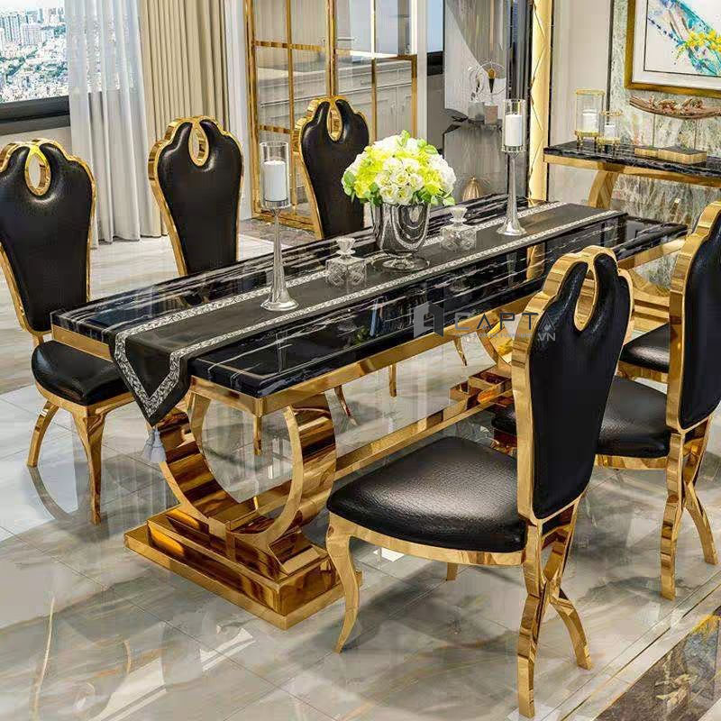 Bộ bàn ăn tân cổ điển 6 ghế chân vàng