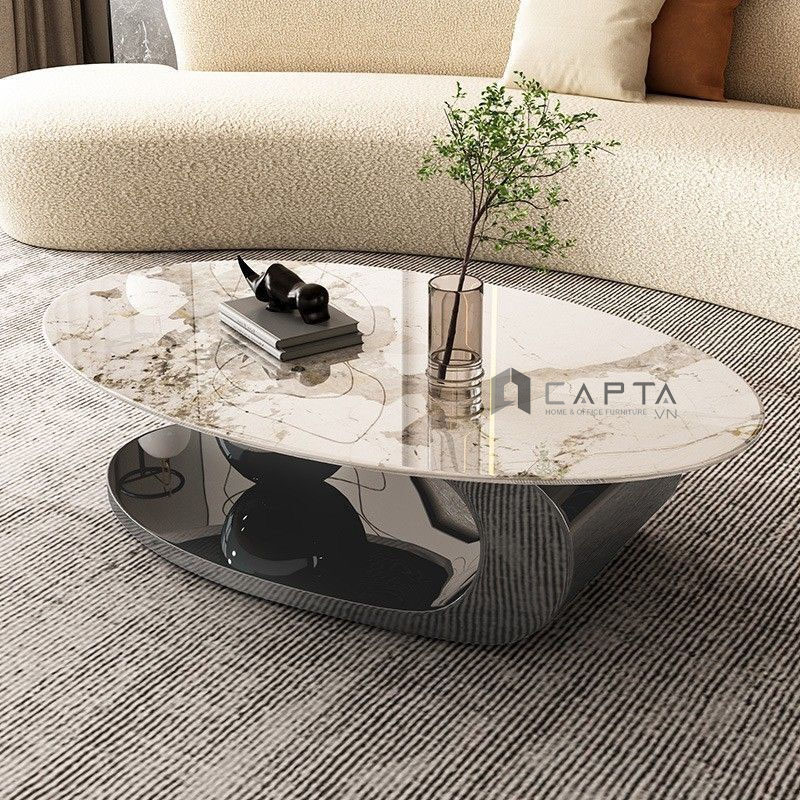 Bàn sofa hiện đại mặt đá oval cao cấp chân mạ đen