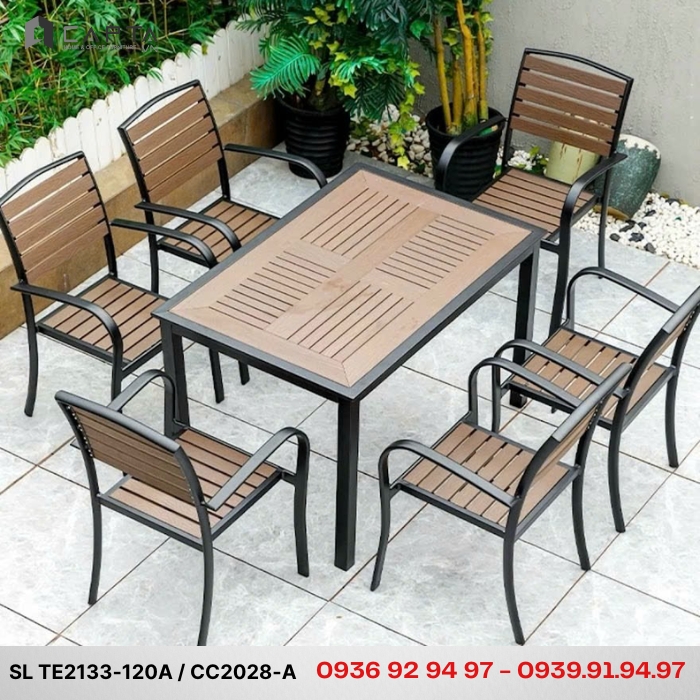 Bộ bàn ghế nhà hàng outdoor 6 ghế gỗ nhựa polywood màu nâu hiện đại SL TE2133-120A / CC2028-A