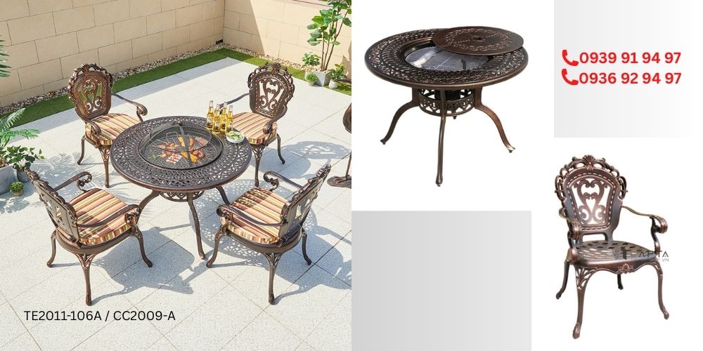Bộ bàn ghế tiệc nướng BBQ nhôm đúc tròn 4 ghế ngoài trời SL TE2011-106A / CC2009-A