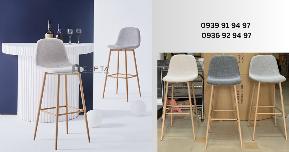 Ghế quầy bar ghế đảo bếp có lưng tựa hiện đại CB2151 nệm vải chân sắt vân gỗ