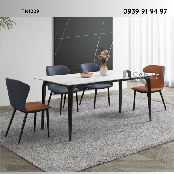 Bàn phòng ăn nhà hàng mặt đá chân kim loại sắt sơn tĩnh điện đen TN1229-16E