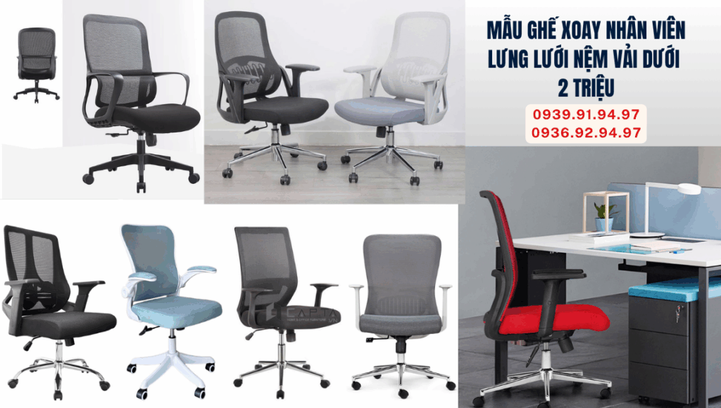 Mẫu ghế xoay nhân viên lưng lưới nệm vải dưới 2 triệu