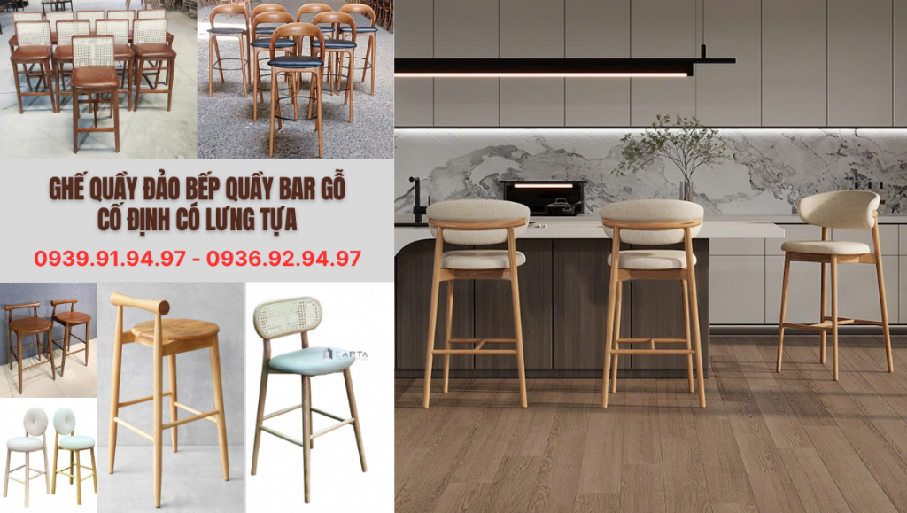 Ghế quầy đảo bếp quầy bar gỗ cố định có lưng tựa