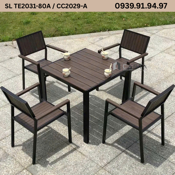 Bo-ban-ghe-nha-hang-san-vuon-khung-nhom-den-mat-polywood-van-go-nau-ban-vuong-4-ghe-sl Te2031-80a Cc2029