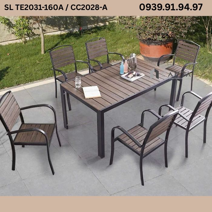 Bo-ban-ghe-nha-hang-san-vuon-khung-nhom-den-mat-polywood-van-go-nau-ben-dep-sl Te2031-160a Cc2028-a