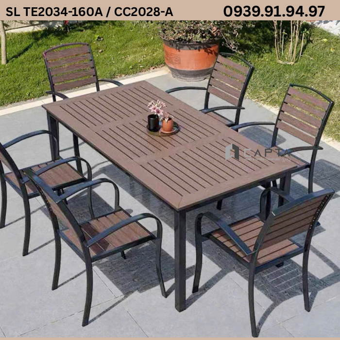 Bo-ban-ghe-nha-hang-san-vuon-khung-nhom-den-mat-polywood-van-go-nau-ben-dep-sl Te2034-160a Cc2028-a