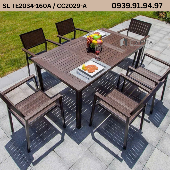 Bo-ban-ghe-nha-hang-san-vuon-khung-nhom-den-mat-polywood-van-go-nau-ben-dep-sl Te2034-160a Cc2029-a