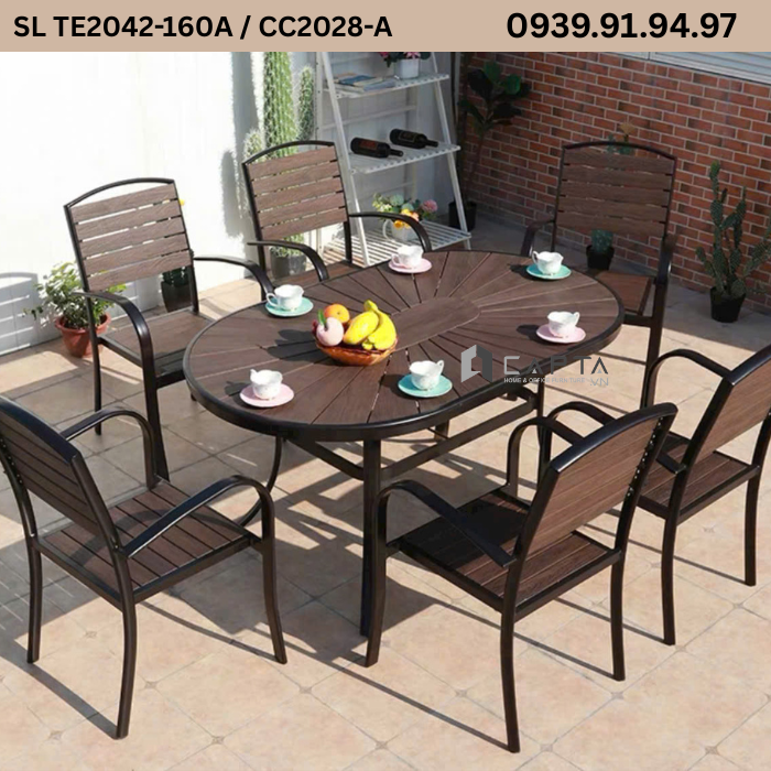 Bo-ban-ghe-nha-hang-san-vuon-khung-nhom-den-mat-polywood-van-go-nau-ben-dep-hình Oval-6-ghe-sl Te2042-160a Cc2028-a