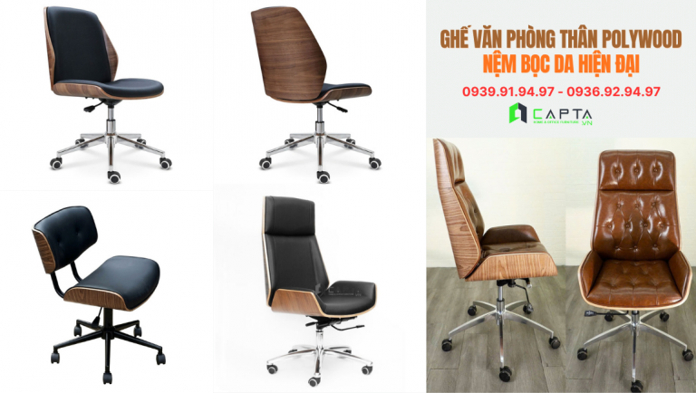 ghế văn phòng thân Polywood nệm bọc da hiện đại